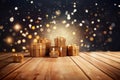 Gift boxes on wooden background. New Year and Christmas design. Holiday banner, web poster, flyer, stylish brochure, greeting card Royalty Free Stock Photo