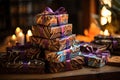 Gift boxes on a wooden table with candles in the background. A beautiful scene of a stack of beautifully wrapped, delicious boxes