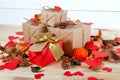 Gift boxes on wooden table Royalty Free Stock Photo