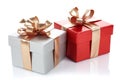 Colorful gift boxes with ribbons on white background Royalty Free Stock Photo