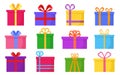 Gift bright prize boxes with colorful ribbons flat