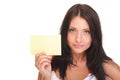 Gift card. Excited woman showing empty blank paper card sign Royalty Free Stock Photo