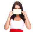 Gift card. Excited woman showing empty blank paper card sign Royalty Free Stock Photo