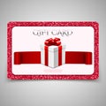 Gift card with gift box and red glitter Royalty Free Stock Photo