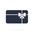 Gift card icon. Present card with ribbon and bow. Solid icon. Special offer sign, promo card. Present shop sertificate