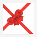 Gift card with luxury red bow. Decorative gift bow with satin ribbon for wrapping. Christmas frame for present