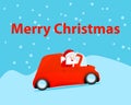 Gift card Merry Christmas. Vector Santa Claus drive car red color in snowy winter and delivery gifts.