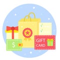 Gift card for shopping design, vector illustration. Buy present, sale prie and package symbol with label. Bag, box, cash Royalty Free Stock Photo