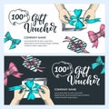 Gift card, voucher, certificate, coupon vector design template. Human hands packaging gift, top view sketch illustration
