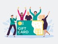 Gift card voucher. Gift certificate, discount cards for customers and happy people hold gift coupon flat vector