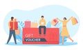 Gift card voucher. Tiny people sitting and standing near coupon with shopping bags and gift boxes. Woman and man Royalty Free Stock Photo