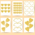 Gift cards or postcards. Gold hearts on a white background.