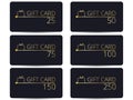 Gift cards set. Gold letters on a black. Stylish gift card for V