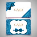 Gift cards vector card template, blue bow and glitter