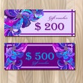 Gift certificate card template with peacock feathers design.
