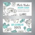 Gift certificate for photo studio or photographer. Hand drawn doodle cartoon retro photo cameras, vector illustration