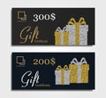 Gift certificate for premium segment with gold and silver gift boxes and dollar discount