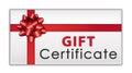 Gift certificate with red bow and ribbon. Merry christmas or happy anniversary present. Royalty Free Stock Photo