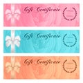 Gift certificate, Voucher, Coupon, Reward or Gift card template with floral rose pattern, bow (ribbon). Rose flower background set Royalty Free Stock Photo