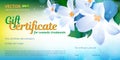 Gift certificate or voucher template for cosmetics treatments with spring floral background and place for your text.