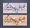 Gift Certificates with floral design background and shiny curly ribbon with bow. Royalty Free Stock Photo