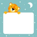 Gift color greeting card. Tiger sleep. Cute cartoon character. Animal holding white blank poster. Flat style. Vector illustration Royalty Free Stock Photo
