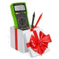 Gift concept, digital multimeter inside gift box. 3D rendering Royalty Free Stock Photo