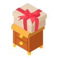 Gift concept icon isometric vector. Large closed box with bow on bedside table