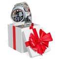 Gift concept, men`s analog digital wrist watch inside gift box.