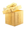 Gift concept. Open golden box with bow and ribbon on white background