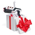 Gift concept. Portable virtual AR game gun inside gift box. 3D r