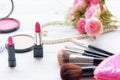 Gift Cosmetic.  Makeup cosmetics tools background and beauty cosmetics, products and facial cosmetics package lipstick, Royalty Free Stock Photo