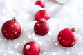 Red Christmas baubles on fluffy fur with snow glitter, luxury winter holiday design background Royalty Free Stock Photo