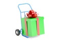 Gift Delivery Concept. Gift Box on Hand Truck, 3D rendering Royalty Free Stock Photo