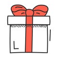 Gift doodle icon. White box with a red bow