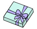 Gift in a flat square green box. The surprise is tied with purple ribbons and decorated with a bow Royalty Free Stock Photo