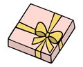 Gift in a flat square pink box. The surprise is tied with yellow ribbons and decorated with a bow Royalty Free Stock Photo