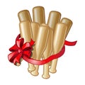 Gift in the form of bundles of baseball bats with the red ribbon with a bow isolated on a white background. Gift idea