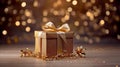 A gift in a glamorous gift box with a golden silk bow on a background of bokeh lights