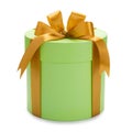 gift green round box with gold bow and ribbon