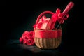 Gift hamper, bouquet of red roses, bottle of sparkling wine on black Royalty Free Stock Photo