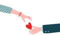 Gift heart on Valentine`s Day. Male hand Holding heart in palm and giving in to female hand. Man holds out woman his heart. Vecto