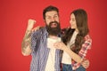 Gift for her dad. Man bearded father and cute little girl daughter on red background. Celebrate fathers day. Family Royalty Free Stock Photo