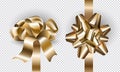 Gift holiday New Year bows and ribbons set for design. Realistic golden bow mock up top and side view with shadows isolated vector Royalty Free Stock Photo