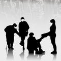 Gift for homeless man during pandemic  people silhouettes - vector Royalty Free Stock Photo