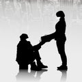 Gift for homeless man during pandemic  people silhouettes - vector Royalty Free Stock Photo