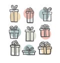 gift icon set. Color simple present box with ribbon. Hand drawing . Doodle style black ink. different variations