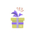 Gift icon, surprise, yellow gift box with a question mark and exclamation Royalty Free Stock Photo