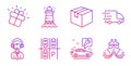 Gift, Lighthouse and Parcel icons set. Parking place, Truck delivery and Car service signs. Vector Royalty Free Stock Photo