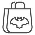 Gift line icon. Bag with bat, shopping package with creepy night flying mouse. Halloween party vector design concept